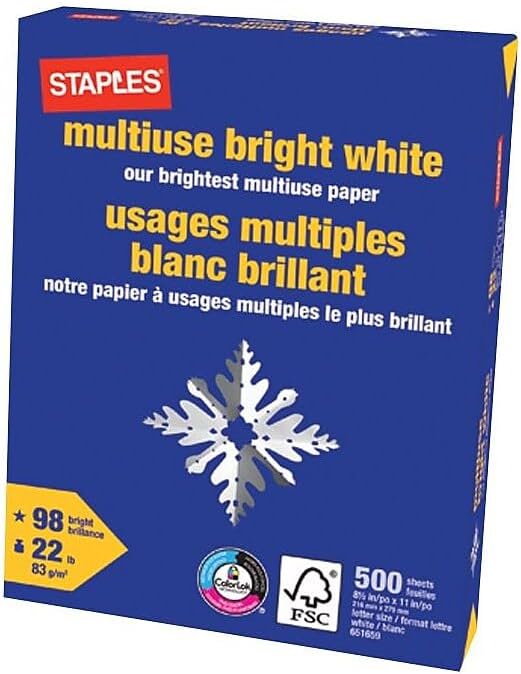 Staples Multipurpose Paper, 8 1/2" x 11", Bright White, Ream