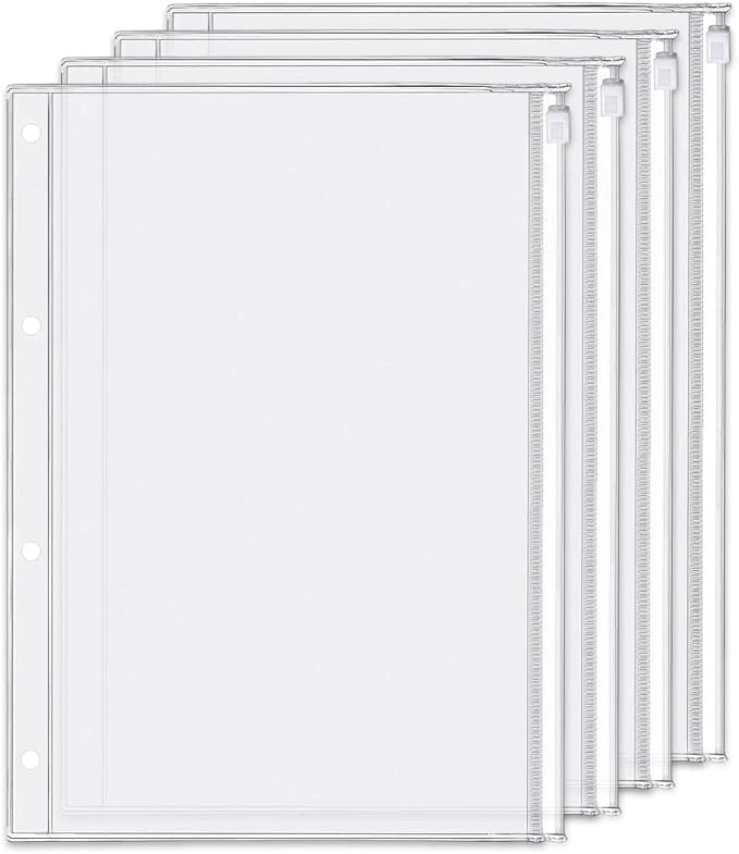 4 Pack A4 4 Holes Binder Zip Pockets Plastic Binder Zipper Folders Waterproof 4 Holes Zipper Loose Leaf Bags Zip Lock Envelope for Documents Notebooks Cards (Zip Pocket, A4)