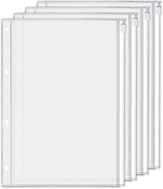 4 Pack A4 4 Holes Binder Zip Pockets Plastic Binder Zipper Folders Waterproof 4 Holes Zipper Loose Leaf Bags Zip Lock Envelope for Documents Notebooks Cards (Zip Pocket, A4)
