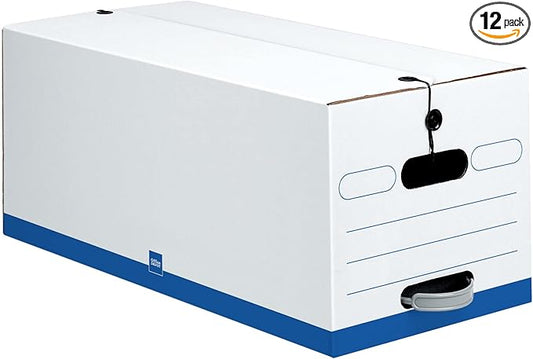 Office Depot® Brand Quick Set-Up Storage Boxes With String & Button Closure, Letter, 24" x 12" x 10", 60% Recycled, White/Blue, Pack Of 12