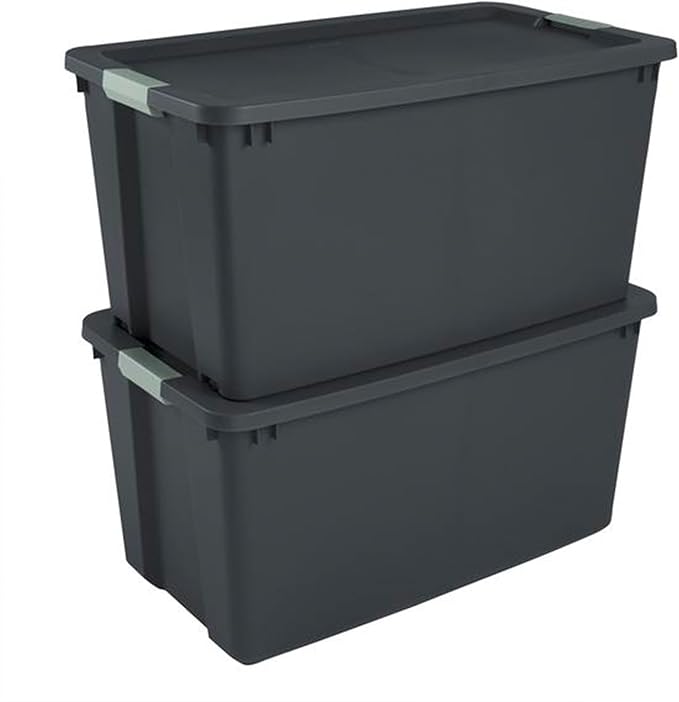 Sterilite 12 Pack 45 Gallon Wheeled Latch Tote, Stackable Plastic Storage Bin, Gray/Green