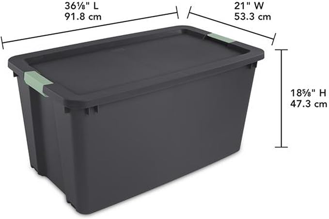 Sterilite 12 Pack 45 Gallon Wheeled Latch Tote, Stackable Plastic Storage Bin, Gray/Green
