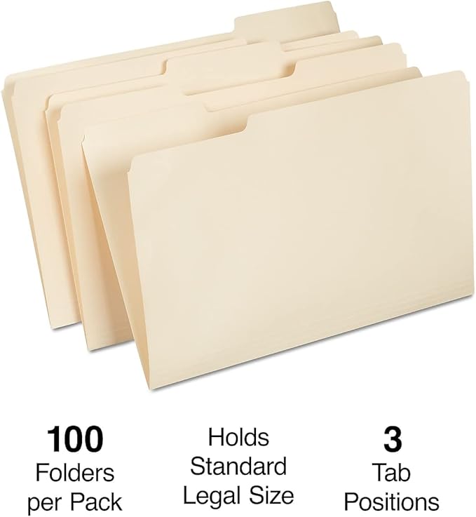 Staples Recycled File Folders, Legal Size, 1/3‑Cut Tabs, Manila, 30% Recycled Paper Stock, 100/Box