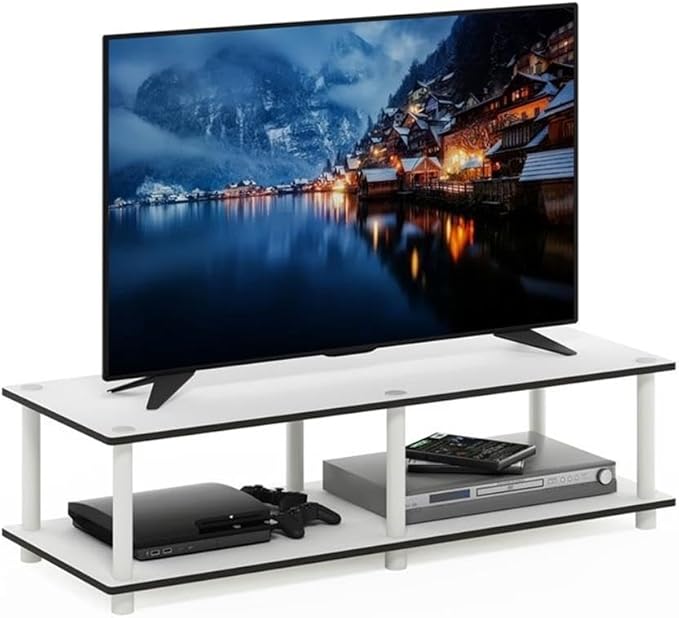 Furinno JUST TV Stand, 2-Tier Wide Entertainment Center with Open Shelf, No Tools TV Console for TV up to 46 Inch with Tubes, for Living Room, Bedroom, White