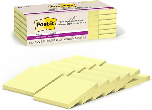 Post-it 100% Recycled Paper Super Sticky Notes, Canary Yellow, 3 in. x 3 in., 12 Sticky Note Pads, 70 Sheets per Pad, New Year Organization or Second Semester School Supplies