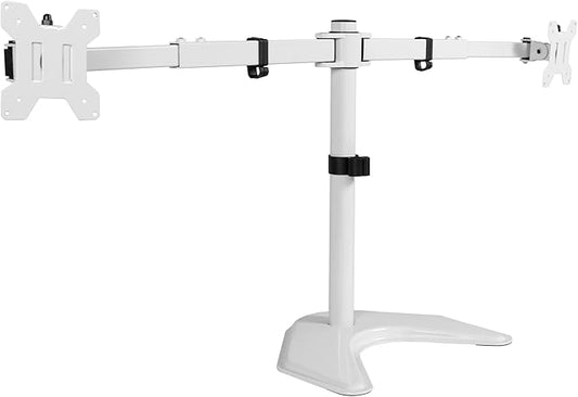 VIVO Premium Dual Ultra Wide LCD LED 27 to 38 inch Monitor Desk Stand, Heavy Duty, Free-Standing Telescoping Arms, Flush Wall Setup, Fits 2 Screens, White, STAND-TS38BW