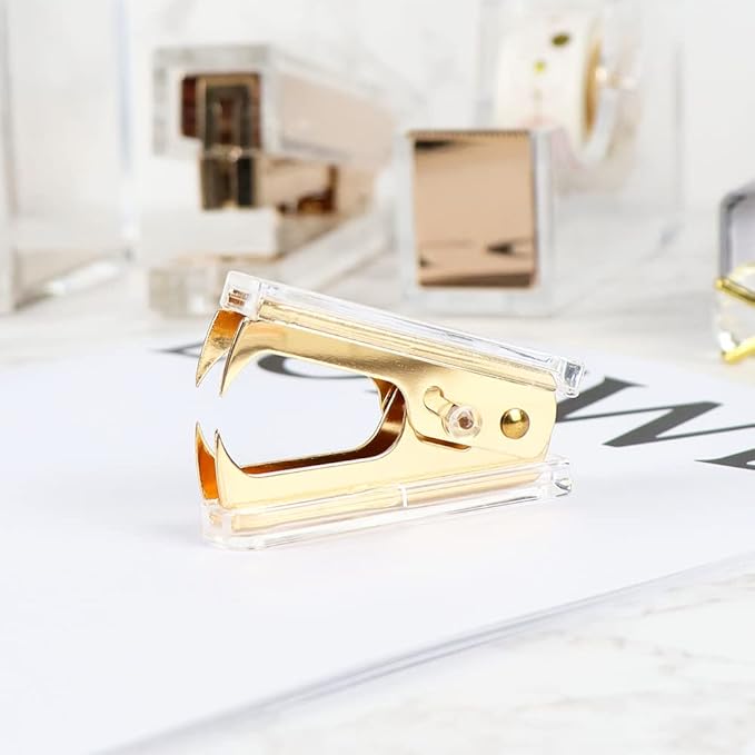 Gold Staple Remover Cute Clear Staples Remover Acrylic Body Steel Jaws Staple Puller Removal Tool for Dress Up Home Office School Desk Accessories Gift (Gold)