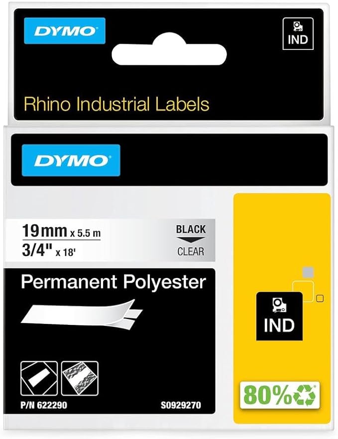 DYMO Rhino Industrial Permanent Polyester Labels 19 mm x 5.5 m Black Print on Clear Self-Adhesive for LabelManager & Rhino Label Makers