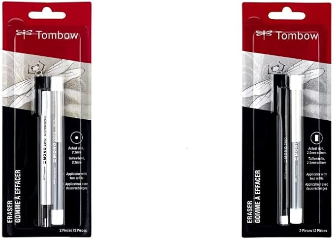 Tombow Mono Zero Eraser and Refill Value Pack, Round 2.3mm. Precision Tip Pen-Style Eraser with Refill, Black & 57317 Mono Zero Eraser Value Pack, Rectangle 2.5 mm. Precision Tip Eraser with Refills