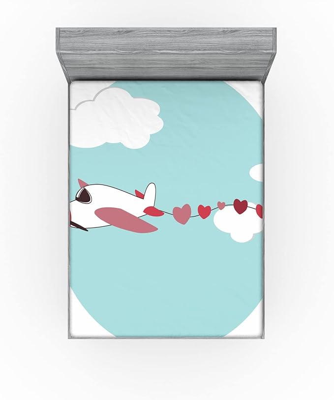 Ambesonne Airplane 2 Pack Fitted Sheet, Romantic Hearts in The Sky, Bed Cover All-Round Elastic Deep Pockets 2 Pieces, Package Contains 2 Full Size Fitted Sheets, Dried Rose and Pale Seafoam