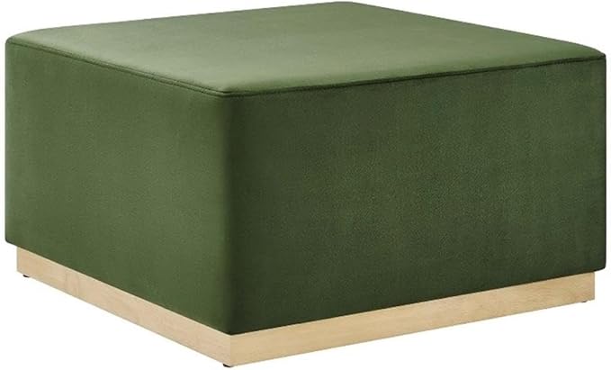 Modway Tilden 28 Inch Square Performance Velvet Upholstered Ottoman in Moss Green Natural - Large Ottoman Foot Rest with Rubberwood Plinth Base, Living Room Ottoman Coffee Table - Velvet Ottoman Table