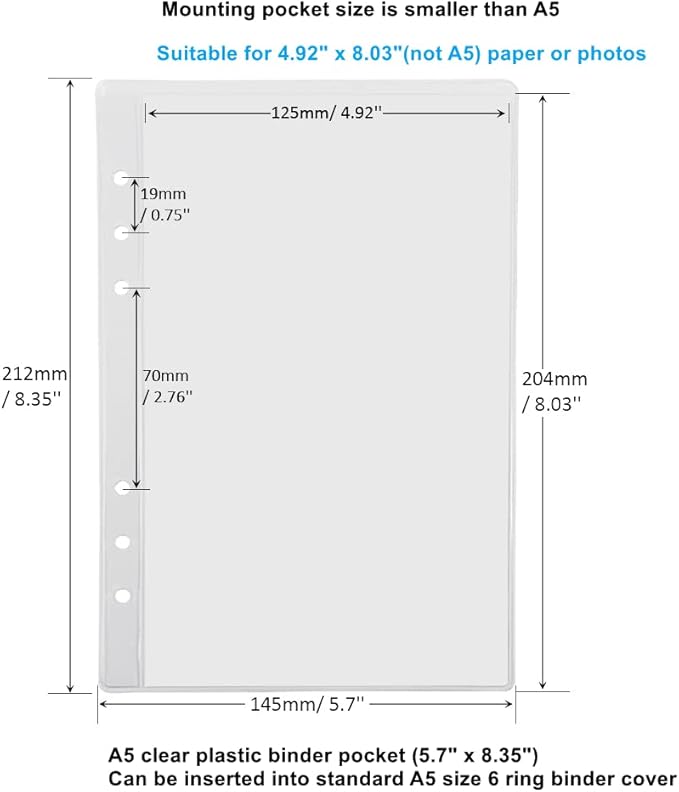 Mogoostry A5 Clear Sheet Protectors 12 Pack 4.9 x 8 Inch Plastic Sleeves Top Open Paper Protector for 6 Ring Binders, Acid-Free, Archival Safe
