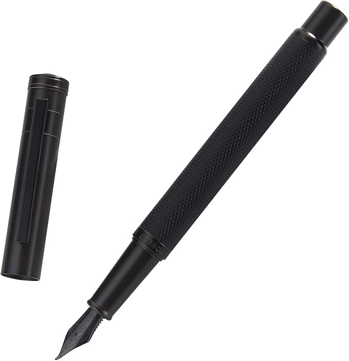 Brushed Black Forest Fude Pen, Bent Nib Calligraphy Fountain Pen (Fine to Broad) with Converter and Metal Box Set by Asvine