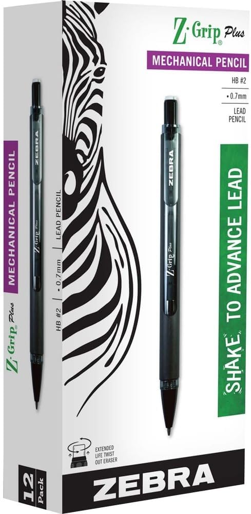 Zebra Pen, Z-Grip Mechanical Pencil, Smooth Writing, Latex-Free Grip, 0.7mm Lead, #2 HB, Shake to Advance Lead, for School, Office, Everyday Use Refillable, Clear Barrel, 12-Pack, (55410)