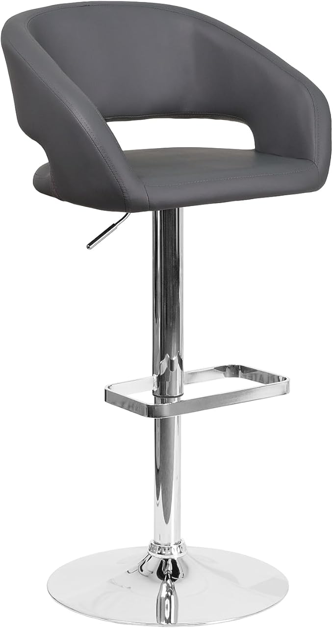 Flash Furniture Erik Comfortable & Stylish Contemporary Barstool with Rounded Mid-Back and Foot Rest, Adjustable Height - Gray Vinyl with Chrome Base