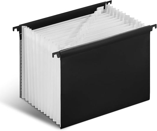 Staples Poly Expanding Hanging File Folder, 12‑Pocket Letter‑Size Accordion File with Jan–Dec Index, Durable Poly Construction, Black