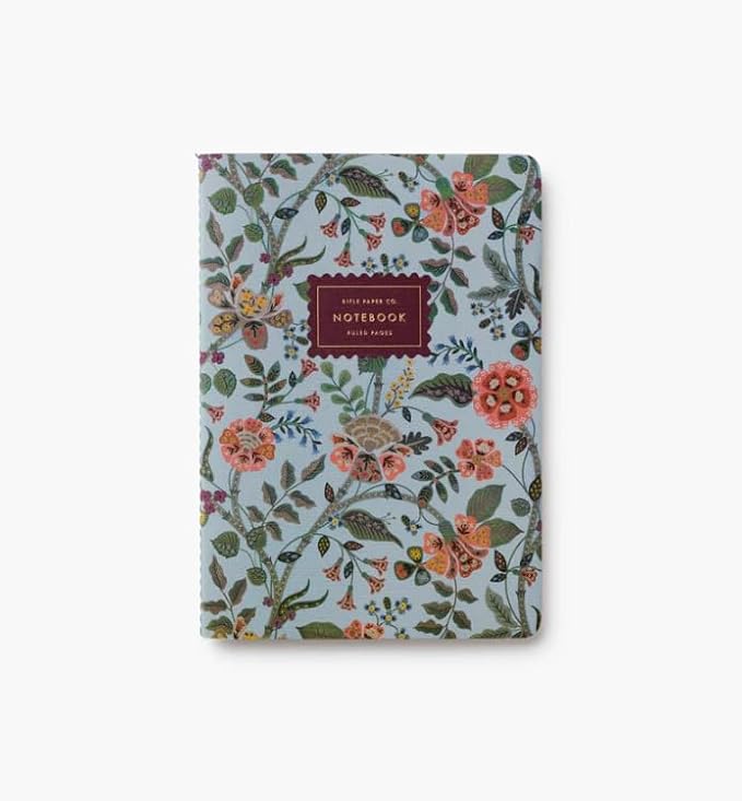 RIFLE PAPER CO. Gracie Stitched Notebook Set, 8.5" L x 6" W, Set Of 3, 64 Ruled Pages With Gold Ink, Full-Color Canvas Cover with White Text Paper Interior