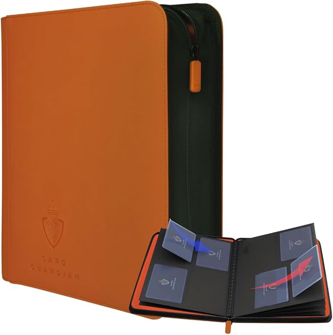 Card Guardian - Toploader 4 Pocket Premium Binder with Zipper for 160 Cards - Side Loaded Pockets - Compatible with Sports and Trading Cards TCG (Orange)