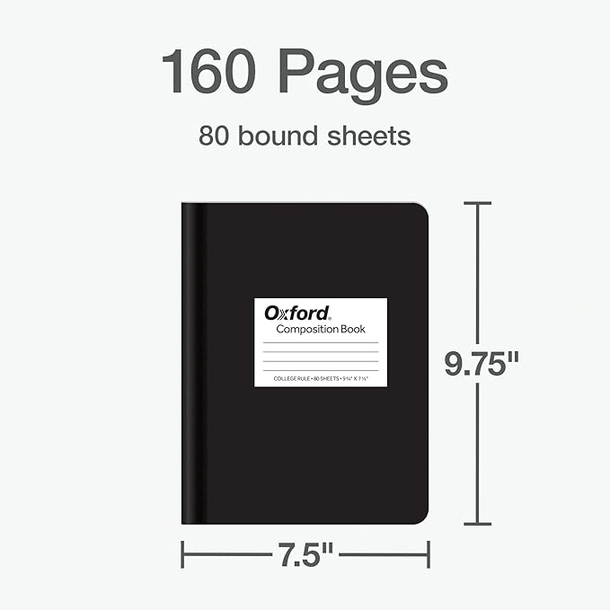 Oxford Composition Notebook 12 Pack, School Supplies, Notebooks for School, Writing Journals, College Ruled Paper, Note Taking Book, 7.5 x 9.75 Inches, 80 Sheets, Black Covers (63945)