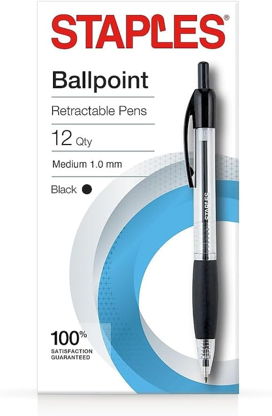 STAPLES Retractable Ballpoint Pens, Medium Point 1.0mm, Black Ink, 12 Pack – Comfortable, Smooth‑Writing Pens for Everyday Office Use