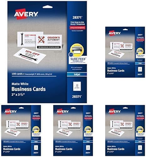 Avery Printable Business Cards with Sure Feed Technology,2" x 3.5",White,100 Blank Business Cards,Inkjet Printer Paper (28371),(Pack of 5)
