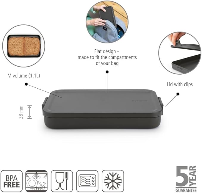 Brabantia Make & Take Flat Lunch Box (Dark Gray) Convenient Size for Bags, BPA-Free, Airtight Snap Locks, Microwave & Freezer Safe, Travel Meal Prep Container