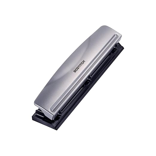 Bostitch Office Premium 3 Hole Punch, 12 Sheet Capacity, Metal, Rubber Base, Easy-Clean Tray, Silver