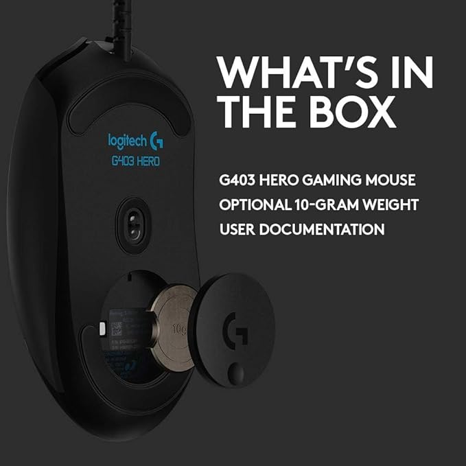 Logitech G403 Hero 25K Gaming Mouse, Lightsync RGB, Lightweight 87G+10G Optional, Braided Cable, 25, 600 DPI, Rubber Side Grips, Black
