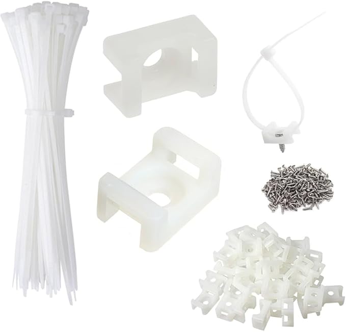 Cable Zip Tie Mounts Kit - 120 Set Wire Cable Clips Organizer Holders with 8" Cable Ties, Saddle Type Mounts Base and Tapping Screw, White