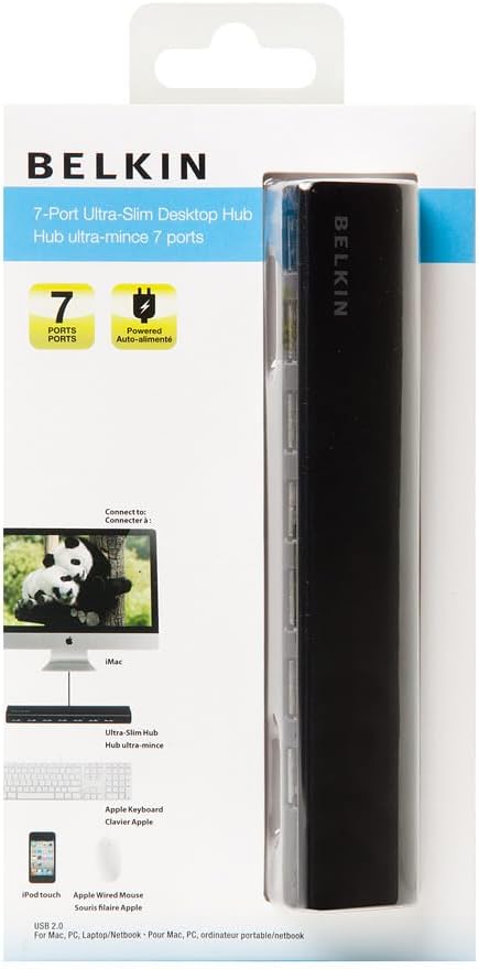 Belkin 7-Port Ultra-Slim Desktop USB Hub - Desktop USB Hub 2.0 - 7 Hi-Speed USB Ports - Compatible With MacOS & Windows For Connecting Charging Cable, Keyboard, Mouse & Any USB-Enabled Devices