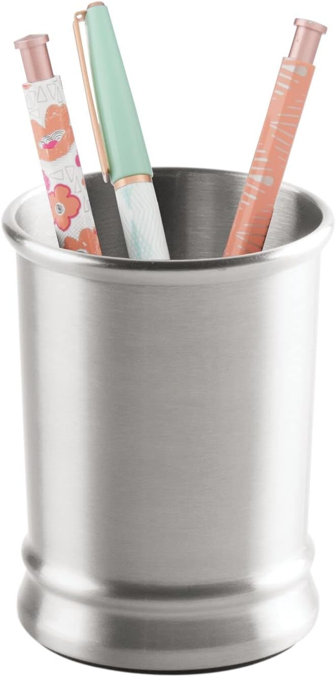 mDesign Modern Stainless Steel Bathroom Cup, Toothbrush Holder, Countertop Tumbler Cup for Rinsing and Drinking, Accessories and Makeup Brush Organizer for Vanity, Elwyn Collection, Brushed/Chrome