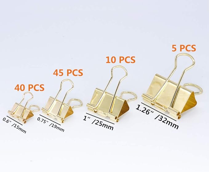 Binder Clip Paper Clamps, Assorted Sizes (Mini, Small, Medium, Large), 100 Pcs Clips for Office School Supplies (Gold)
