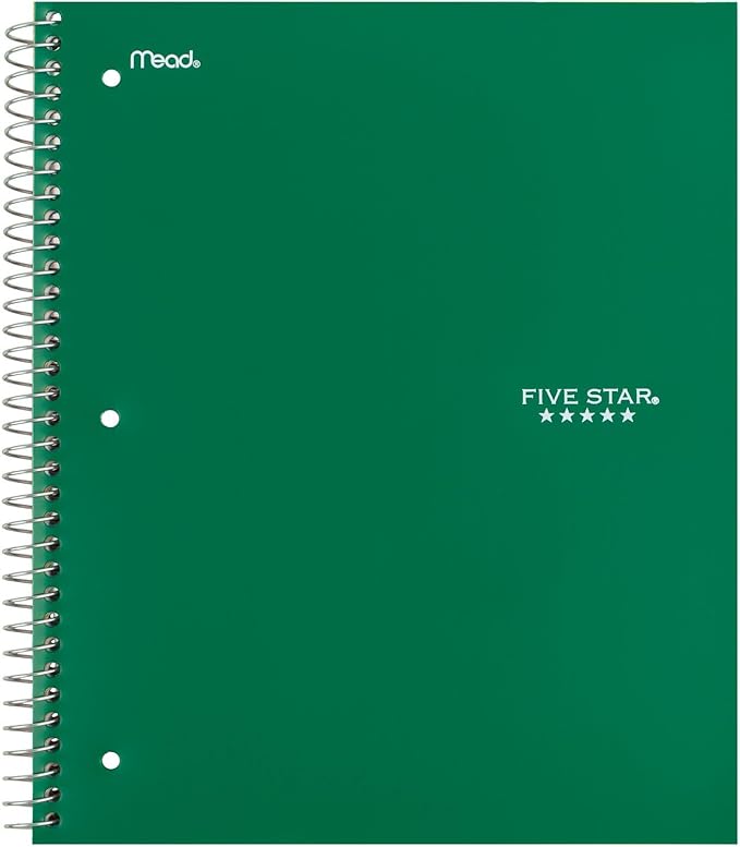 Five Star Spiral Notebook + Study App, 3 Subject, Wide Ruled Paper, 8" x 10-1/2", 150 Sheets, Fights Ink Bleed, Water Resistant Cover, Forest Green (73176) (Pack of 6)