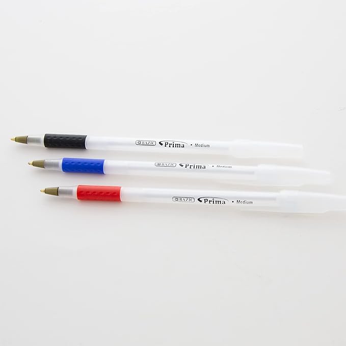 BAZIC 1738 Prima Assorted Color Stick Pen w/Cushion Grip (8/Pack)
