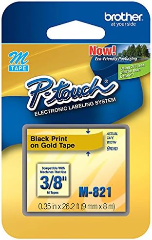 Brother 3/8 Inch Non-Laminated Black On Gold Tape 1/Pkg 26.2 Ft For M P-Touch 65/85/100/110 New