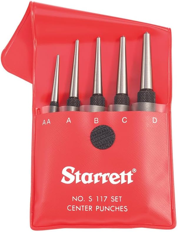 Starrett Steel Center Punch with Round Shank and Knurled Finger Grip - Hardened and Tempered Steel, 0-4" Length, 1/16, 5/64, 3/32, 1/8, 5/32 Diameter Tapered - 5 Pieces - S117PC