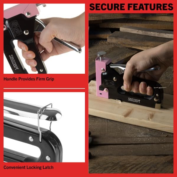 Light Duty Staple Gun - Fabric Stapler Gun for Crafts, Cardboard, Bulletin Boards or Classroom with 600 Standard 4-14mm Staples - Pink Stapler with Staples and Plastic Carrying Case by Stalwart