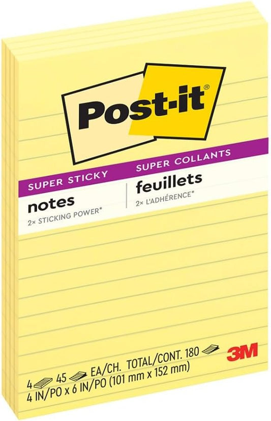 Post-it Super Sticky Lined Notes, 4 Sticky Note Pads, 4 x 6 in., Ideal for Organization in Your Dorm, Home or Office, Canary Yellow