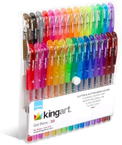 KINGART GLITTER Rollerball GEL PENS, 30 Sparkling Colors with Soft-Grip Comfort, XL Ink Cartridge - For Coloring, Doodling, Scrapbooking, Journaling and General Use, All Ages, 30 Pens