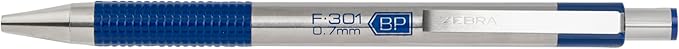 Zebra Pen F-301 Ballpoint Blue Ink Fine Point 0.7mm Pen, Easy-Glide Ink, Stainless Steel Retractable, Non-Slip Grip, Professional Design, Ideal for Office, Journal and Planner Use, 12-Pack (27120)