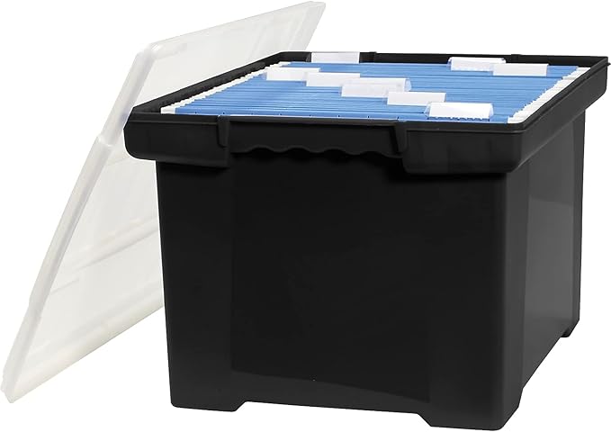 Storex Plastic File Tote Storage Box with Snap-On Lid, Letter/Legal Size, Black/Silver (61528U01C)