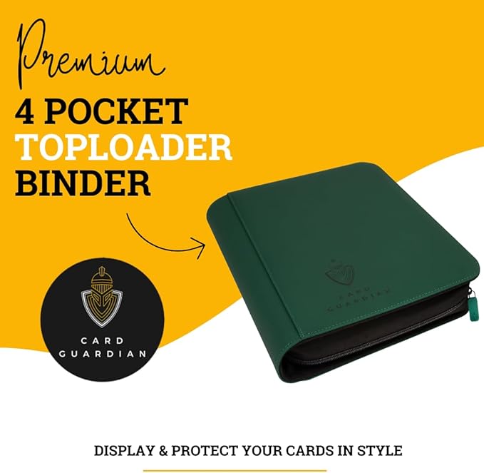 Card Guardian - Toploader 4 Pocket Premium Binder with Zipper for 160 Cards - Side Loaded Pockets - Compatible with Sports and Trading Cards TCG (Green)