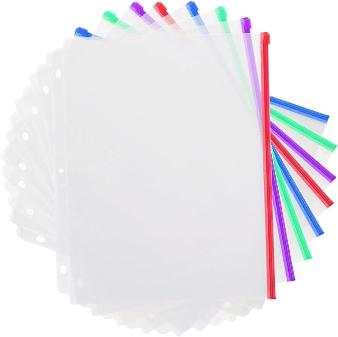 YoeeJob 3 Holes Clear PVC Zipper Binder Pocket Insert Pages Letter Size, 8 1/2"x 11 Loose Leaf Binder Filing Storage Bags 50 Packs (5 Color)