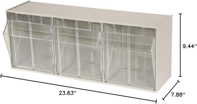 Akro-Mils TiltView Plastic Storage Cabinet with 3 Tilt Out Bins, Horizontal Plastic Parts Organizer, Teacher Toolbox, and Office Supply Organizer, 23-5/8" W x 9-7/16" H x 7-7/8" D, Stone