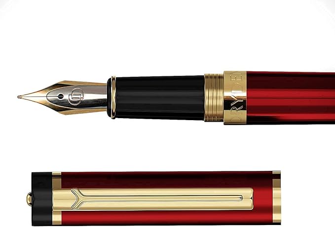 Dryden Designs Fountain Pen. Medium Nib Premium Box | 6 Ink Cartridges Included (Royal Red)