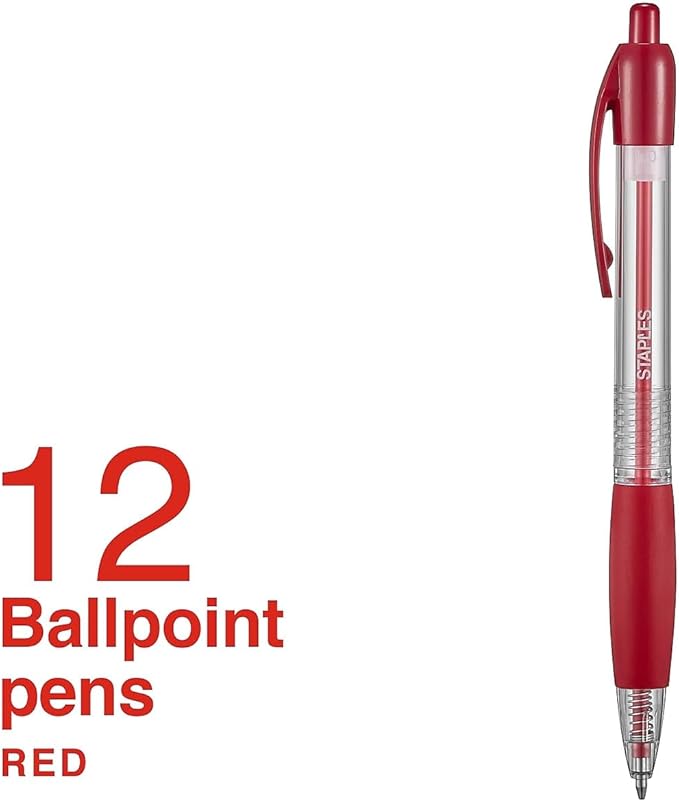 STAPLES Retractable Ballpoint Pens, Medium Point 1.0mm, Red Ink, 12 Pack – Smooth‑Writing Pens for Editing, Mark‑Up & Office Use
