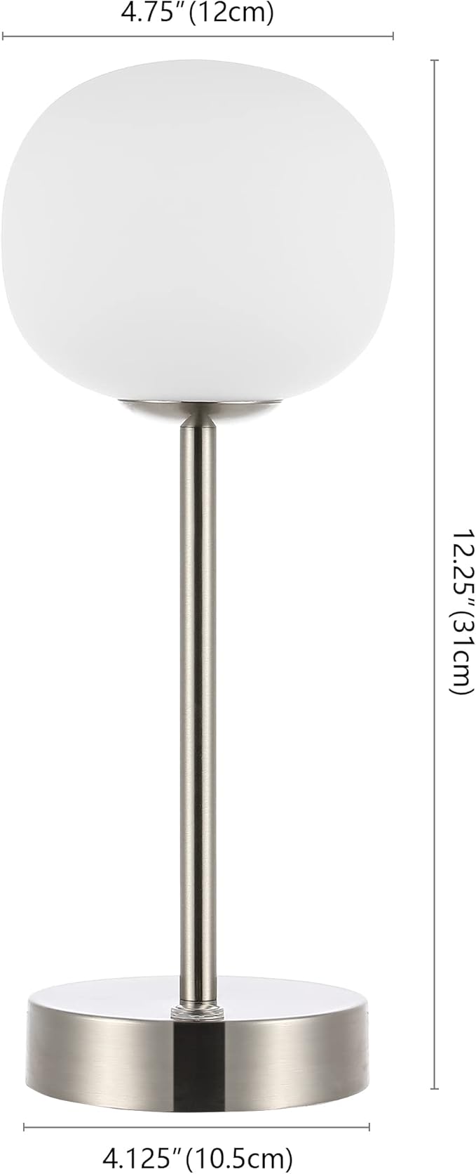 JONATHAN Y 12.25" Nickel Rechargeable Table Lamp, Modern Cordless LED Nightstand Lamp, White Glass Shade, Dimmable Portable Desk Lamp for Bedroom Living Room Dining JYL7108A