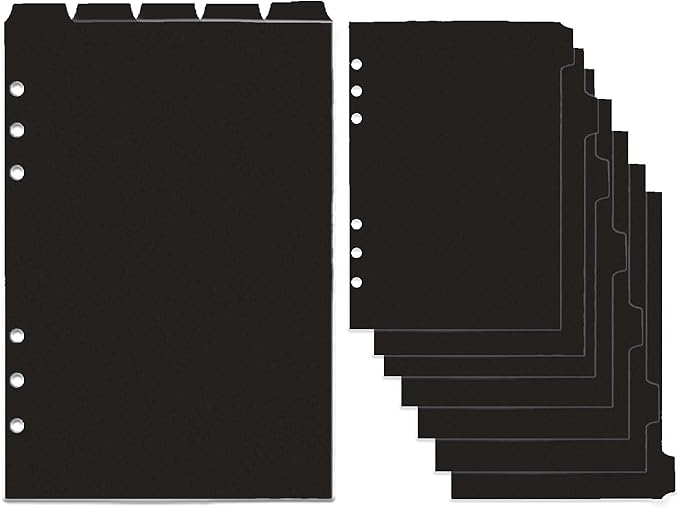 2 Set A5 Binder Dividers Black Plastic Index Divider Blank Side 7 Tabs Top 5 Tabs Planner Insets 12 Sheets Refillable Page Protectors for 6 Ring Binder Notebook
