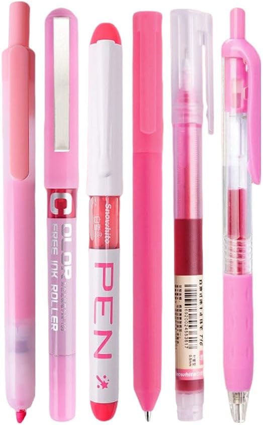 Pink and Black Ink Gel Pens with Bible Journaling Highlighter, Fine Point 0.5mm Cute Colorful Gel Ink Pens for Office School, Note Taking, 5 Pink, 1 Black