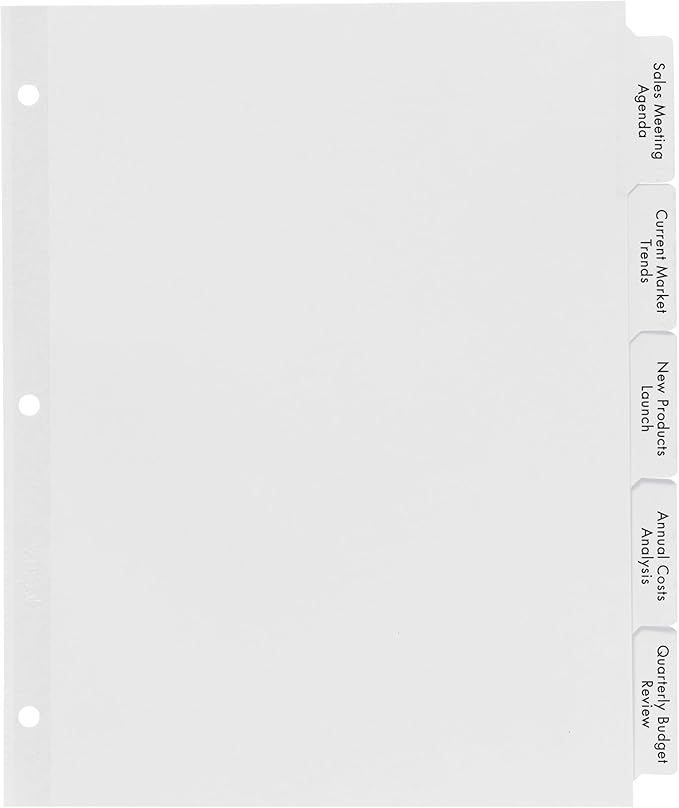 Avery 5 Big Tab Dividers for 3 Ring Binder, Easy Print & Apply Clear Label Strip, Index Maker Customizable White Tabs, 5 Sets (11492)